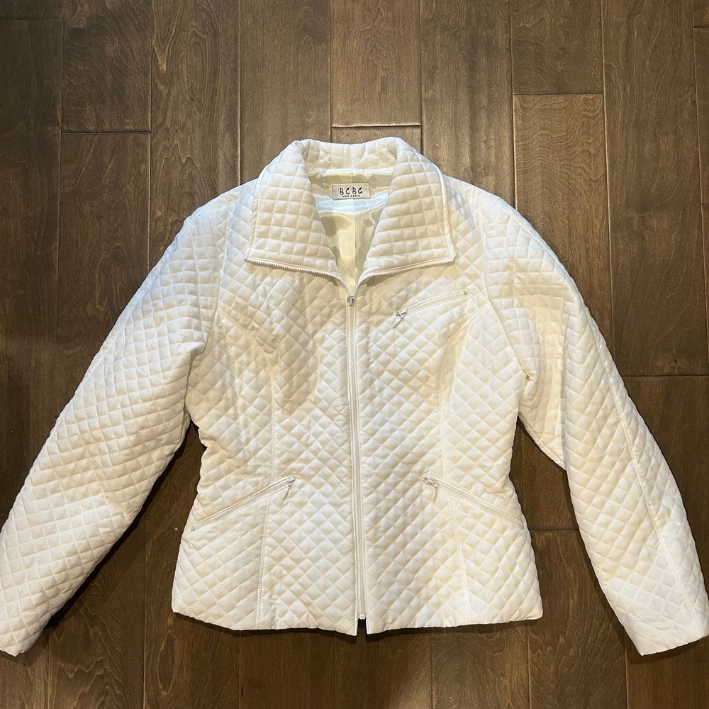 BCBG Max Azria‎ Women White Quilted Zip Front Jacket Diamond Pattern Coat Small